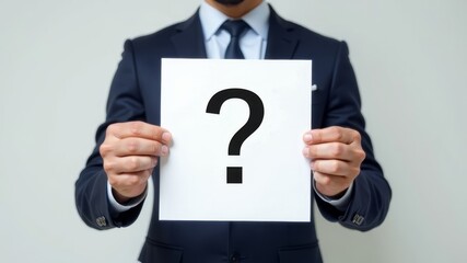 a man in a suit holds a piece of paper with a question mark in front of him