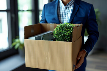 Businessman relocating offices and organizing personal belongings and files in a brown cardboard box.