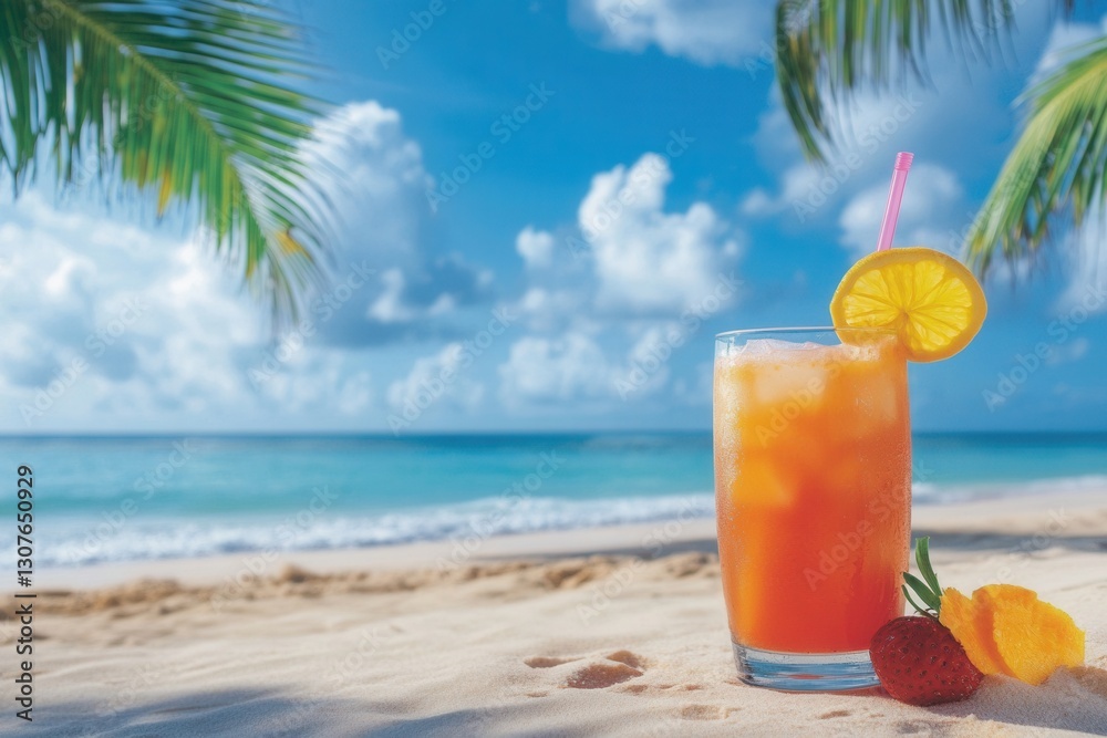 Poster refreshing tropical drink on a sandy beach under a bright sky with palm trees swaying gently generat