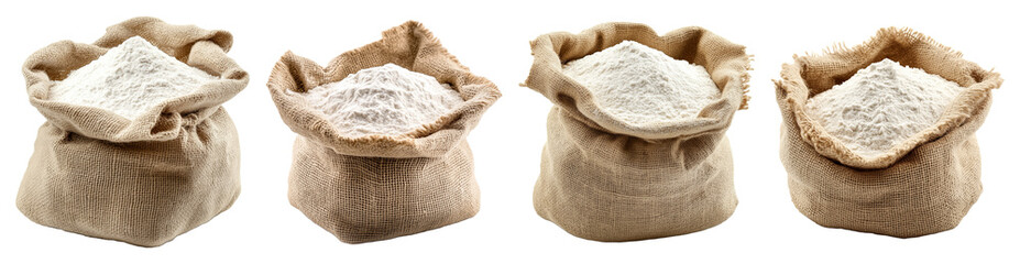 Burlap sacks filled with white flour isolated on white background natural baking ingredient organic wheat powder rustic food storage essential kitchen supply
