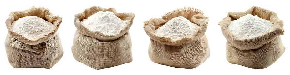 Burlap sacks filled with white flour isolated on white background natural baking ingredient organic wheat powder rustic food storage essential kitchen supply
