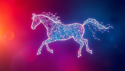 Obraz premium Futuristic polygonal horse illustration with network connections and bright glow
