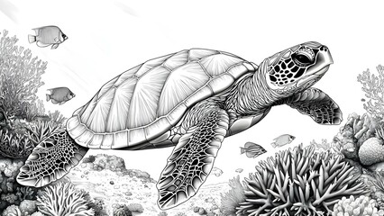 A detailed black and white illustration of a sea turtle swimming among coral and fish. Concept Sea Turtle Habitat, Coral Reef Ecosystem, Underwater Illustration, Marine Life Interaction
