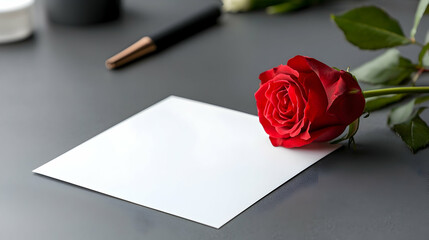 Red Rose on Blank White Notecard on Grey Desk
