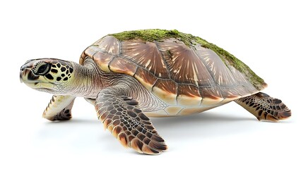 Obraz premium A turtle with a moss-covered shell, showcasing its intricate patterns and textures in a natural pose. Concept Turtle Photography, Nature Textures, Mossy Shell Patterns, Wildlife Portraits