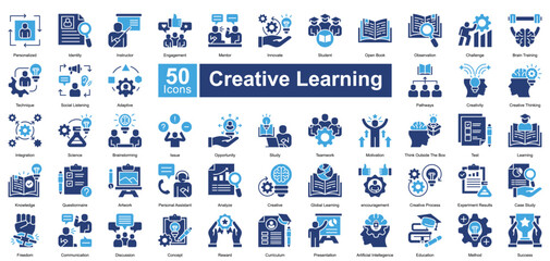 Creative Learning icon set in two color style, featuring 50 icons of innovation, education, brainstorming, and problem solving. Perfect for e learning, teaching, and personal development.