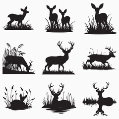 Collection of Graphic black silhouettes of wild deers male, female, and roe deer. Graphic black silhouettes of wild deers – male, female and roe deer © logodesign11