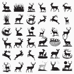 Collection of Graphic black silhouettes of wild deers male, female, and roe deer. Graphic black silhouettes of wild deers – male, female and roe deer © logodesign11