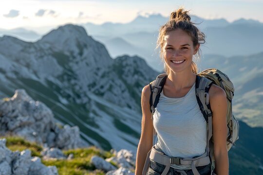 Smiling woman enjoying mountains during a hiking adventure in nature. Generative AI - Powered by Adobe