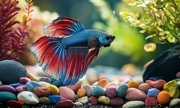A vibrant blue and red betta fish swimming peacefully in a colorful aquarium scene.