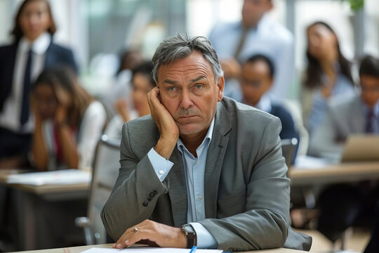 Tense Businessman in Office Amidst Colleagues