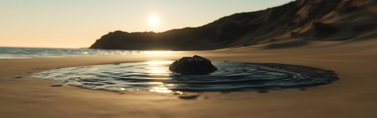 Obraz premium Coastal serenity: A tranquil beach scene at sunset with a solitary rock