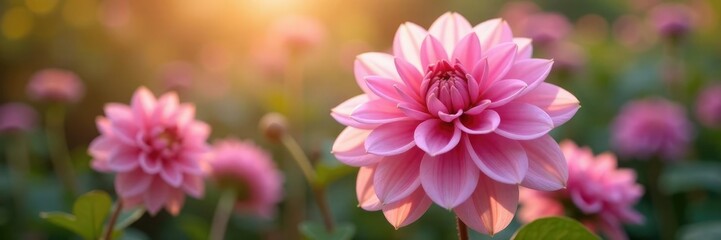 Fototapeta premium Petals of soft pink dahlia flowers unfolding in morning dew, soft, flowers