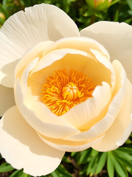 Close-up of common garden peony (Paeonia lactiflora) 'Gold standard' blooming in summer. A double row of white petals surround golden staminodes
