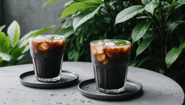 Refreshing Iced Coffee Beverages Served in Stylish Glasses on Grey Table Surrounded by Lush Green Foliage in Modern Indoor Setting