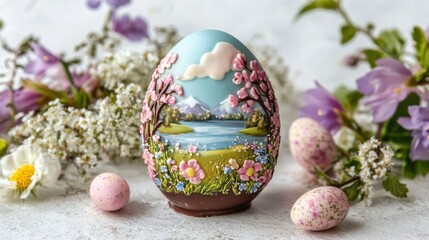 Obraz premium Colorful decorative egg featuring a scenic landscape with flowers and mountains set on a textured background