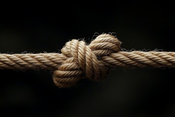 Close-up of a simple knot tied in a thick rope against a dark background.