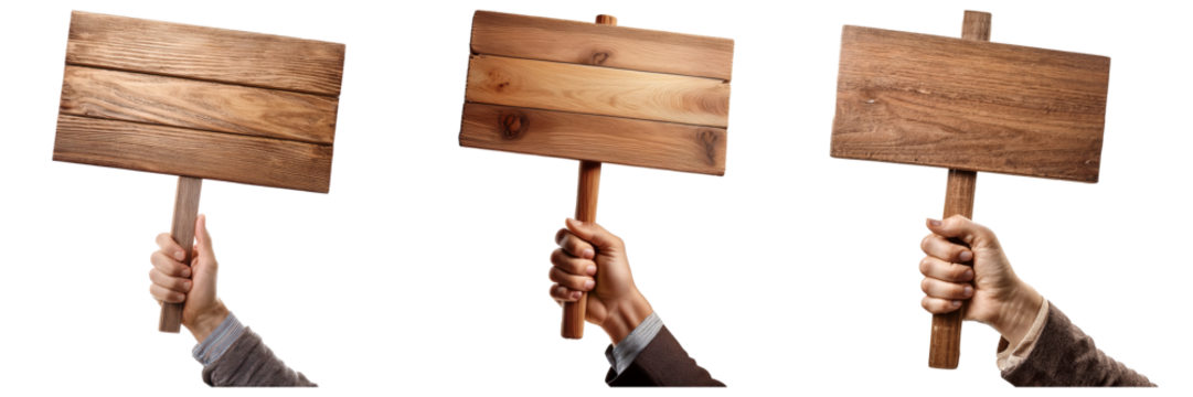 Hand holding blank demonstration wooden sign 4k png cutout transparent isolate - Powered by Adobe
