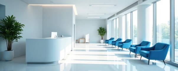 Modern white reception desk, blue chairs in hospital lobby, clean, design