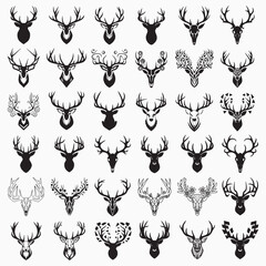 set of deer silhouettes set of deer head silhouettes the set of deer horns is given totally The deer head silhouette