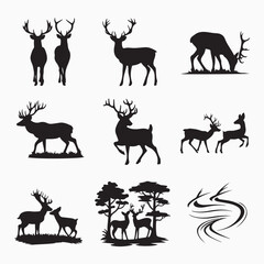 Black silhouette of deer family with baby and forest fir trees wildlife adventure set a black and white illustration of a deer family in a field
