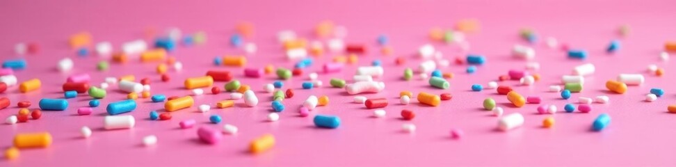 Rainbow sprinkles scattered on a vibrant pink surface , pastel, vibrant pink