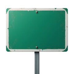 Obraz premium Blank Green Road Sign with Weathered Metal Surface and White Border – Isolated on White