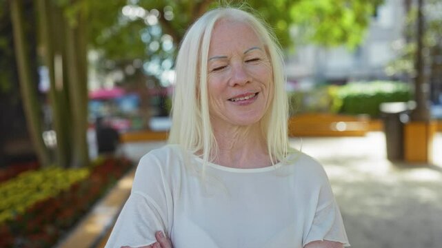 Woman with albinism standing with crossed arms in a sunny urban park featuring bright green foliage and blurred city background, middle-aged adult smiling calmly outdoors.