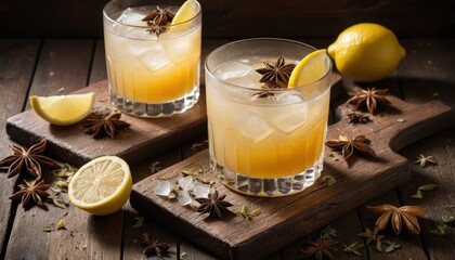 Refreshing Summer Cocktails with Lemon and Star Anise on Wooden Table Surrounded by Fresh Ingredients and Ice Cubes