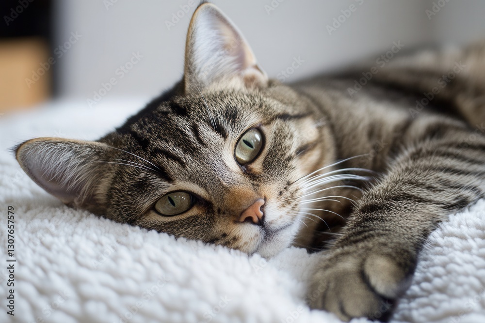 Poster tabby cat resting comfortably on a soft blanket indoors during a cozy afternoon generative ai