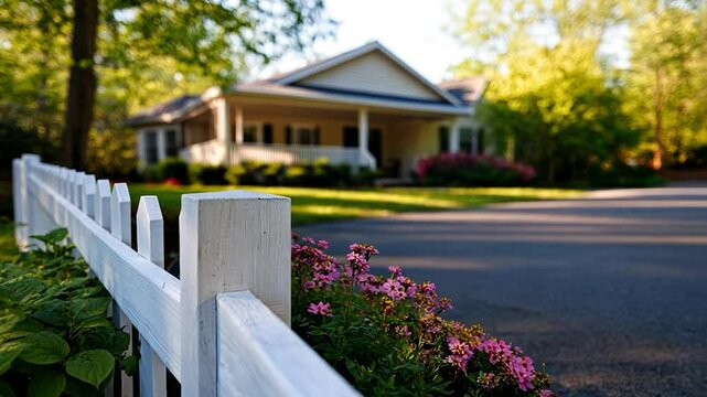 Suburban home and white picket fence
