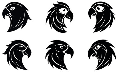This image showcases six stylized parrot head logos, presented in a clean, black and white design.