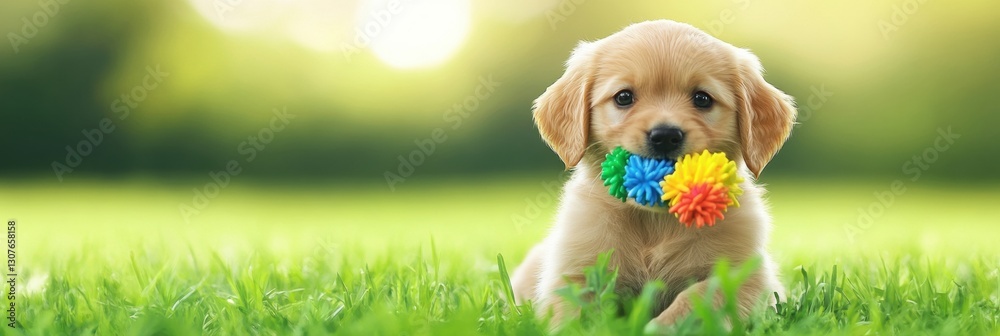 Poster playful puppy sits on green grass holding a colorful chew toy in its mouth under soft natural lighti