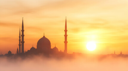 Majestic mosque silhouette at sunrise, enveloped in morning mist, peaceful cityscape background. Ideal for religious, travel, or cultural publications