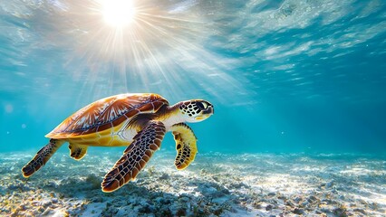Fototapeta premium A sea turtle swimming gracefully underwater with sunlight filtering through the surface. Concept Sea Turtle Behavior, Underwater Photography, Light and Shadow, Marine Life Conservation