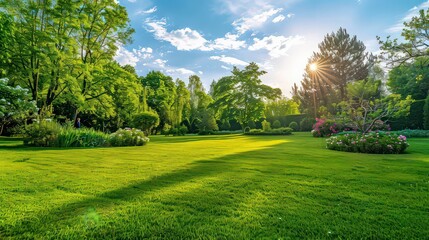 Fototapeta premium An expansive park with a wide green field and clear blue skies, ideal for displaying text and product images.