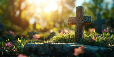 Sunlight illuminates a weathered grave marker surrounded by blooming flowers in a serene cemetery during late afternoon