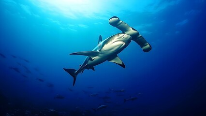 A shark swimming underwater amidst a school of fish, showcasing the ocean's vibrant marine life. Concept Shark Behavior, Marine Life Diversity, Underwater Ecosystems, Fish Schools, Ocean Conservation