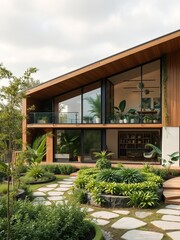 Fototapeta premium Charming House Surrounded by Lush Greenery and Vibrant Plants Creating a Tranquil Natural Oasis