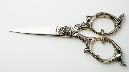 Elegant silver scissors with ornate design and floral motifs displayed against a neutral background