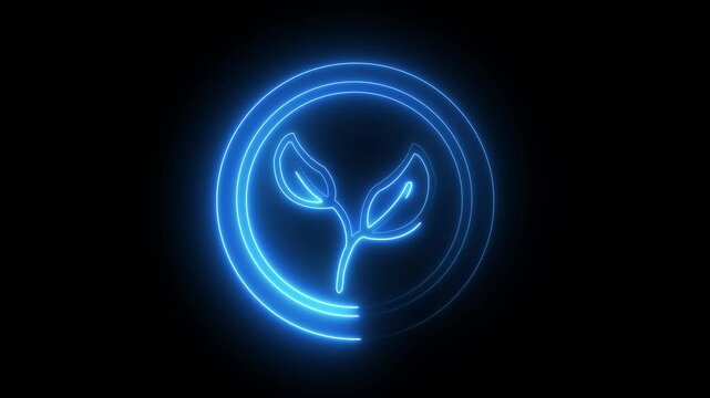 glowing neon vegan icon isolated on black background. Sustainable business concept animation. Plant-Based Symbol Animation on Black Background"