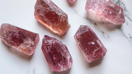 Five pink crystals arranged in a scattered manner on a white marble surface. the crystals appear to be faceted and have a rough texture.