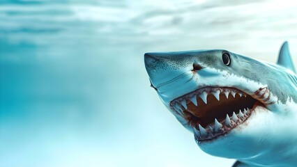 Fototapeta premium A close-up view of a great white shark featuring its sharp teeth and open mouth, swimming in a blue ocean environment. Concept Great White Shark, Close-Up Photography, Sharp Teeth, Ocean Life