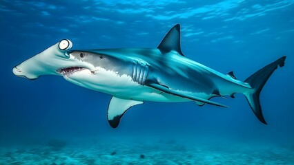 Fototapeta premium A hammerhead shark with cartoonish eyes, swimming in clear blue water. Its unique head shape is prominently displayed. Concept Hammerhead Shark, Cartoonish Character, Underwater Scene