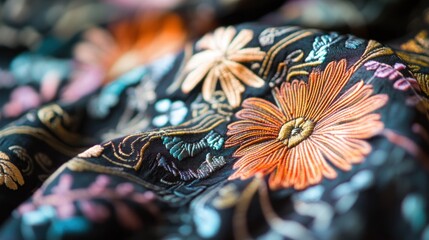 Detailed close up of a Malaysian batik fabric with intricate floral design and vibrant colors