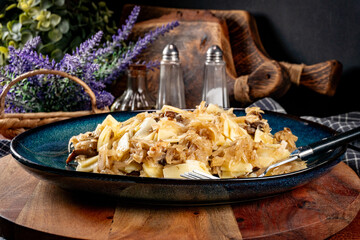 Pasta with sauerkraut and mushrooms.