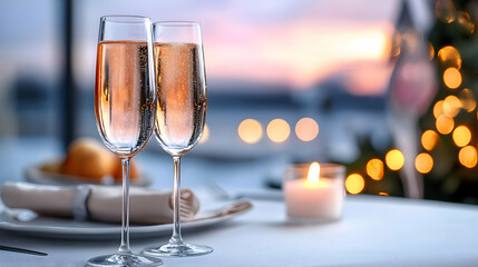 Romantic Candlelit Dinner with Champagne Flutes at Sunset