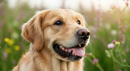 Golden retriever in field of flowers, smiling and happy