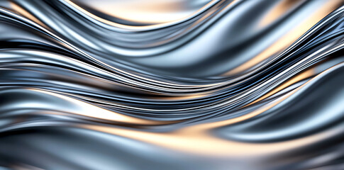 Shimmering abstract liquid silver waves create dynamic and fluid background, evoking sense of movement and elegance. interplay of light enhances visual depth and texture
