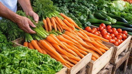 Hands are tending to vibrant carrots in wooden boxes, preparing them for pickling while surrounded by a lush organic garden